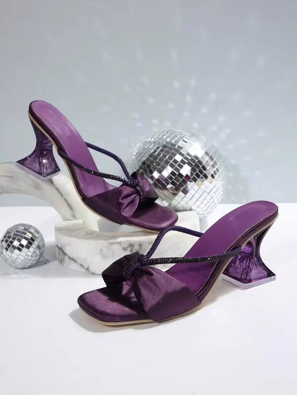 Women's High Heel Sandals Square Toe, Stylish Purple With Rhinestone Embellishments Perfect For Formal Events, Outdoor Parties, Weddings & Summer Wear